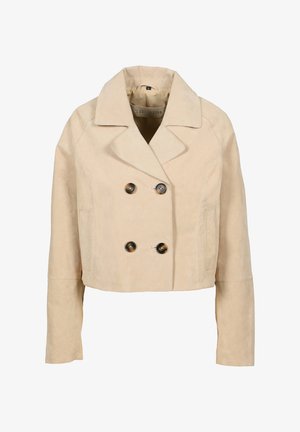 Beige, kurz geschnittene, doppelt geknöpfte Wildlederjacke mit breiten Revers, vier dunklen Knöpfen und langen Ärmeln.
