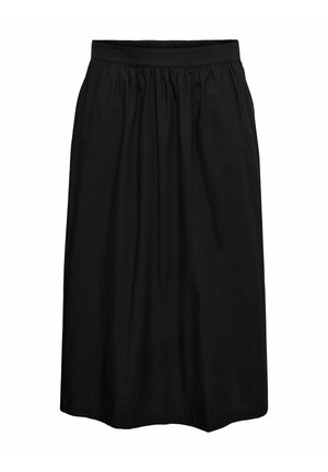 Jupe noire en textile, dotée d'une taille élastique, d'un design plissé et d'une coupe mi-longue. Texture lisse sans motifs.