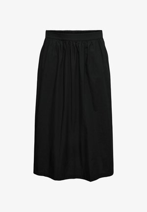 Sort nederdel lavet af tekstil, med elastisk taljebånd, plisseret design og en midt-lang længde. Glat tekstur uden mønstre.