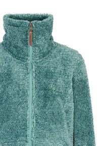 Tirkizna trenirka sa zatvaračem i visokim ovratnikom, izrađena od teksturirane meke tkanine, s kožnom oznakom za povlačenje zatvarača.