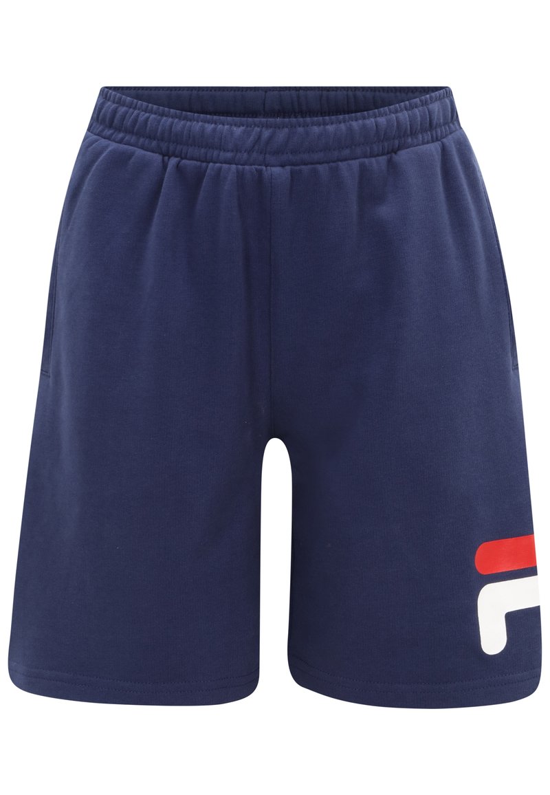 Shorts in cotone blu navy con elastico in vita, dotati di accenti del logo rosso e bianco sulla gamba sinistra e tasche laterali.