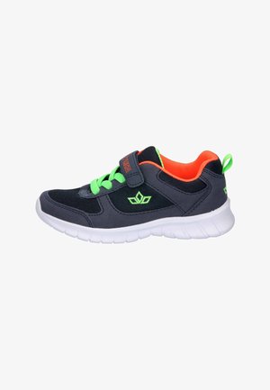 Navy athletic shoe with green laces and accents, featuring a Velcro strap, mesh panels, and a white rubber sole. Interior has orange lining.