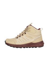 Beige vandafvisende vandrestøvle med maroon detaljer, tekstureret overdel, forstærket tåhætte og robust sort gummisål. Justerbart snøresystem.