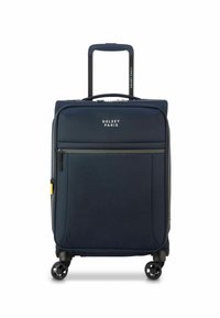 Maleta blanda de color azul marino con un mango retráctil, ruedas suaves, bolsillo delantero con cremallera y el logo de Delsey Paris en la parte frontal.