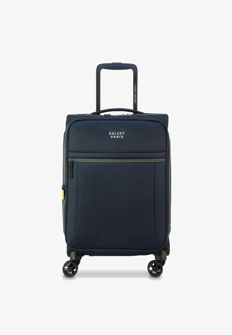 Maleta blanda de color azul marino con un mango retráctil, ruedas suaves, bolsillo delantero con cremallera y el logo de Delsey Paris en la parte frontal.