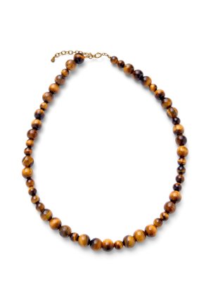 Naszyjnik z okrągłymi, polerowanymi koralikami z tygrysiego oka w różnych rozmiarach oraz regulowanym zapięciem w kolorze złota na białym tle.