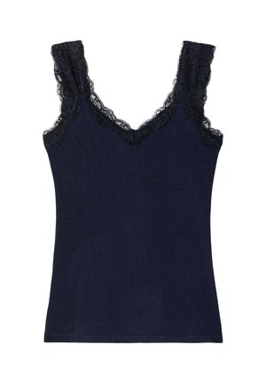 Débardeur bleu marine sans manches avec bordure en dentelle le long du décolleté et des bretelles, posé à plat sur un fond blanc.