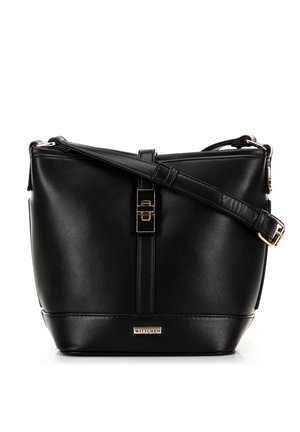 Sac à épaule en cuir noir avec bandoulière réglable, boucle dorée et plaquette logo "Wittchen" en bas au centre devant.