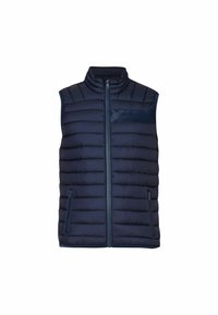 Gilet imbottito blu navy con colletto alto, chiusura con zip anteriore e tasche laterali. Presenta motivi a righe orizzontali e un logo sul petto.