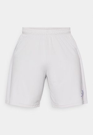Shorts atletici grigio chiaro con vita elastica, realizzati in tessuto liscio, con cuciture sottili e un piccolo logo sul lato inferiore.