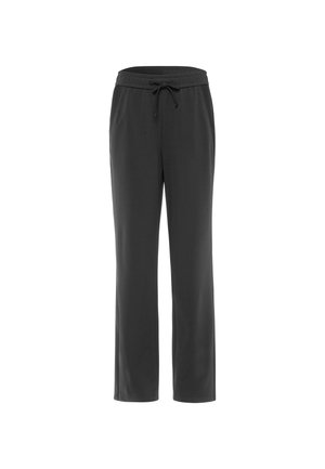 Zwarte casual broek met elastische tailleband en trekkoord, rechte pijp en zijzakken op een witte achtergrond.