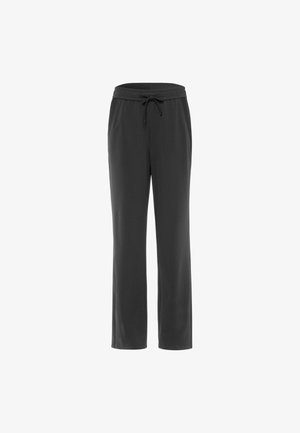 Zwarte casual broek met elastische tailleband en trekkoord, rechte pijp en zijzakken op een witte achtergrond.