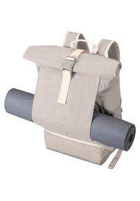 Light grey backpack with a roll-top design, adjustable straps, and a front buckle closure. Includes a blue yoga mat attached to the side.