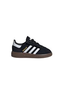 Svart semsket sneaker med hvite striper, gull "SPEZIAL" detalj, svarte snører, grå hælkappe og teksturert brun gummisåle.