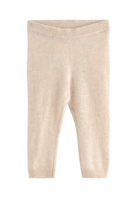 Pantaloni per bambini in maglia beige con vita e polsini a coste, tessuto morbido e testurizzato, progettati per comfort e calore.