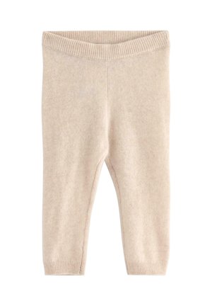 Beige gestrickte Kleinkinder-Hosen mit geripptem Bund und Bündchen, weiches Textilmaterial, designed für Komfort und Wärme.