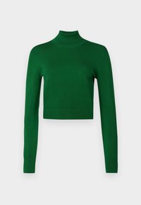 Pull vert ajusté à col roulé en tissu tricoté doux. Il présente des manches longues et une coupe courte avec des détails côtelés à l'ourlet.