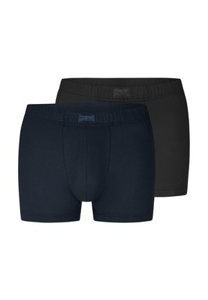 Zwei Paar Herren-Boxershorts, eines schwarz und eines dunkel marineblau, mit elastischen Bund und genähten Vorderteilen.
