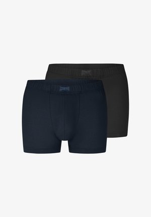 Zwei Paar Herren-Boxershorts, eines schwarz und eines dunkel marineblau, mit elastischen Bund und genähten Vorderteilen.