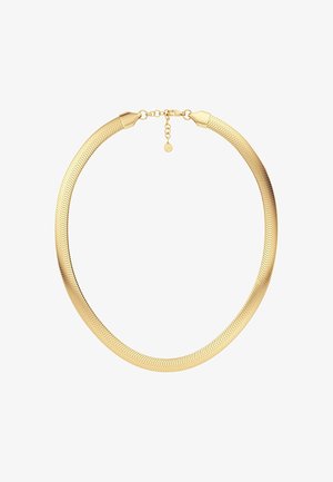 Collar de estilo chunky en tono dorado con un diseño curvado. Presenta un patrón texturizado de espiga y un cierre con una cadena de extensión ajustable.