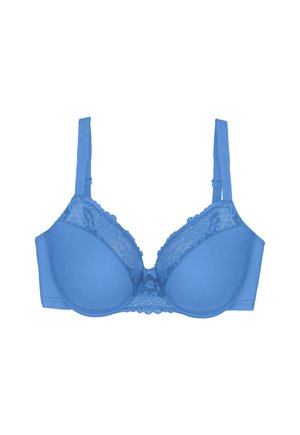 Sininen toppaadulla kupilla varustettu rintaliivi, jossa on kukkainen pitsikoristelu kupeissa ja säädettävät olkaimet, esitetty valkoista taustaa vasten.