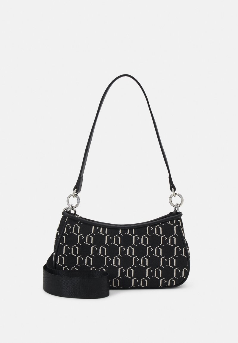 Sac à épaule noir avec motif géométrique blanc, attaches en anneaux argentés et une sangle large supplémentaire détachable, sur fond uni.