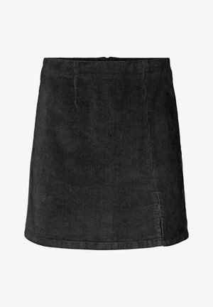 Czarna mini spódnica z korduroyu z pionowym prążkowaniem, o prostym kroju i bocznym rozcięciu. Gładka tekstura z delikatnym połyskiem.