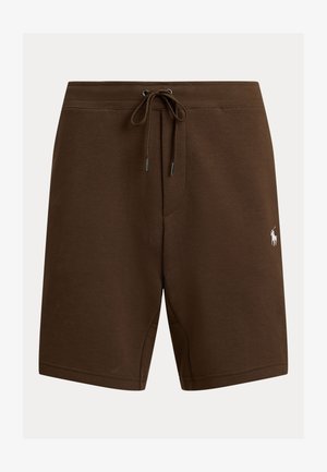 Brown men's mid-length shorts with drawstring waist and small white embroidered polo player logo on left thigh.
