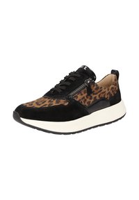 Schwarze und braune Leopardenmuster-Sneaker mit einem Obermaterial aus Wildleder und Synthetik, Schnürdesign, seitlichem Reißverschluss und einer weißen gepolsterten Sohle.