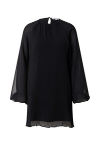 Zwarte geplooide blouse met lange, doorschijnende mouwen, ronde halslijn en een kleine sleutelgatopening aan de achterkant. Zacht, lichtgewicht stof.