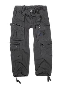 Pantalones cargo negros con múltiples bolsillos, cinturilla con cordón y lazos en los tobillos. Fabricados con un tejido duradero y de superficie texturizada.