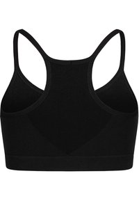 Schwarzer Sport-BH mit Racerback-Design, aus weichem, dehnbarem Material. Verfügt über einen breiten Bund und nahtlose Verarbeitung für Komfort.