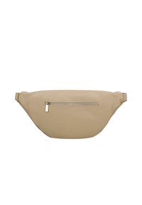Marsupio in pelle beige con una texture liscia. Presenta una tasca frontale con zip e una tracolla regolabile. Forma arrotondata con design minimalista.