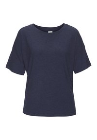 Marineblaues, kurzärmeliges, geripptes Strickoberteil mit rundem Ausschnitt und lockerem Schnitt.