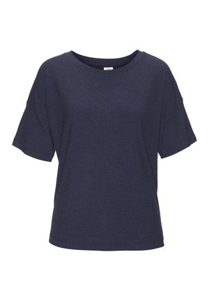 Tamsiai mėlynas, trumpomis rankovėmis megztas viršus su apvalia iškirpte ir laisvo silueto.