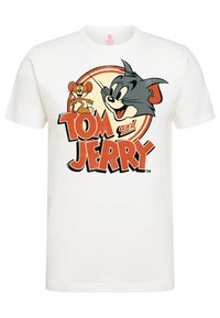 White cotton T-shirt featuring a graphic print of Tom and Jerry. The design includes bold red and black text with a circular outline.