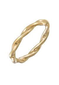 Anello d'oro attorcigliato con una finitura liscia e lucida, caratterizzato da un design ad anello continuo e da un sottile motivo a onda che lo attraversa.