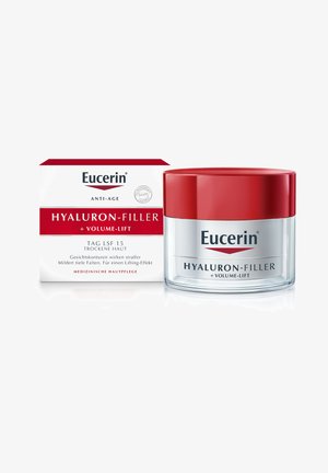 Eucerin Hyaluron-Filler cream in a clear glass jar with a red cap. Box features red and white design, highlighting anti-age benefits and SPF 15.