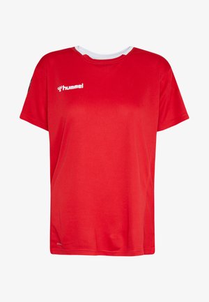 Rode sportieve T-shirt van lichtgewicht stof, met een ronde hals, korte mouwen en een witte accenten kraag. Hummel-logo op de voorkant.