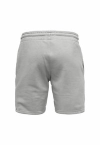 Helle graue Sportshorts mit elastischem Bund, glatter Textur und Seitentaschen, die ein schlichtes, sauberes Design ohne sichtbare Logos aufweisen.