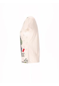 Witte T-shirt met korte mouwen, ronde halslijn en grafische prints met bloemen en tekst in verschillende kleuren en vormen.