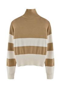 Jersey de cuello alto a rayas marrón y crema, con textura acanalada, diseño corto y mangas largas. Material de punto suave.