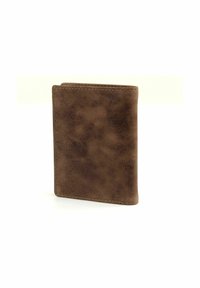 Brown faux leather wallet with a textured finish, rectangular shape, and visible stitching detail along the edges. Compact design for cards.
