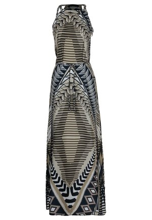Robe maxi en tissu à motifs multiples présentant des formes géométriques en noir, beige et crème. Bretelles réglables et taille avec cordon de serrage.
