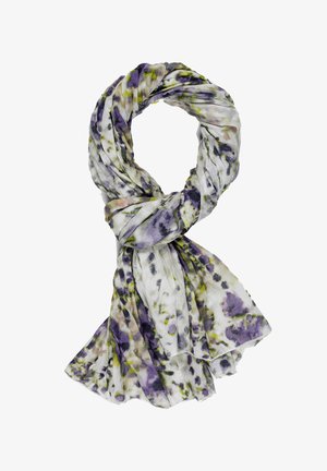 Lekka chusta w kolorze białym z fioletowymi i zielonymi wzorami kwiatowymi, charakteryzująca się miękką fakturą i zwiewnym krojem. Krawędzie są lekko postrzępione.