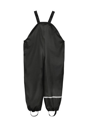 Salopette noire imperméable avec bretelles réglables et poignets élastiqués, avec une bande horizontale réfléchissante sur une jambe.