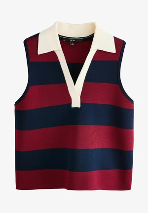 Maglione senza maniche con scollatura a V, caratterizzato da ampie righe orizzontali in rosso e blu navy, accentuato da un colletto color crema. Tessuto a maglia testurizzato.