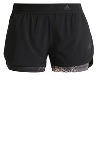 Černé běžecké šortky s vrstveným designem a vnitřním šedým vzorovaným podšitím. Elastický pas s opakovanými akcenty loga.