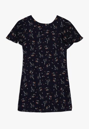 Vestito a maniche corte blu navy con stampa floreale piccola e sparsa in toni arancioni tenui, bianchi e azzurri, scollo rotondo.