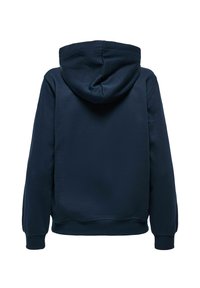 Sweat à capuche en marine foncé, fabriqué dans un tissu doux. Il présente une couture dans le dos, des poignets côtelés et une coupe décontractée.